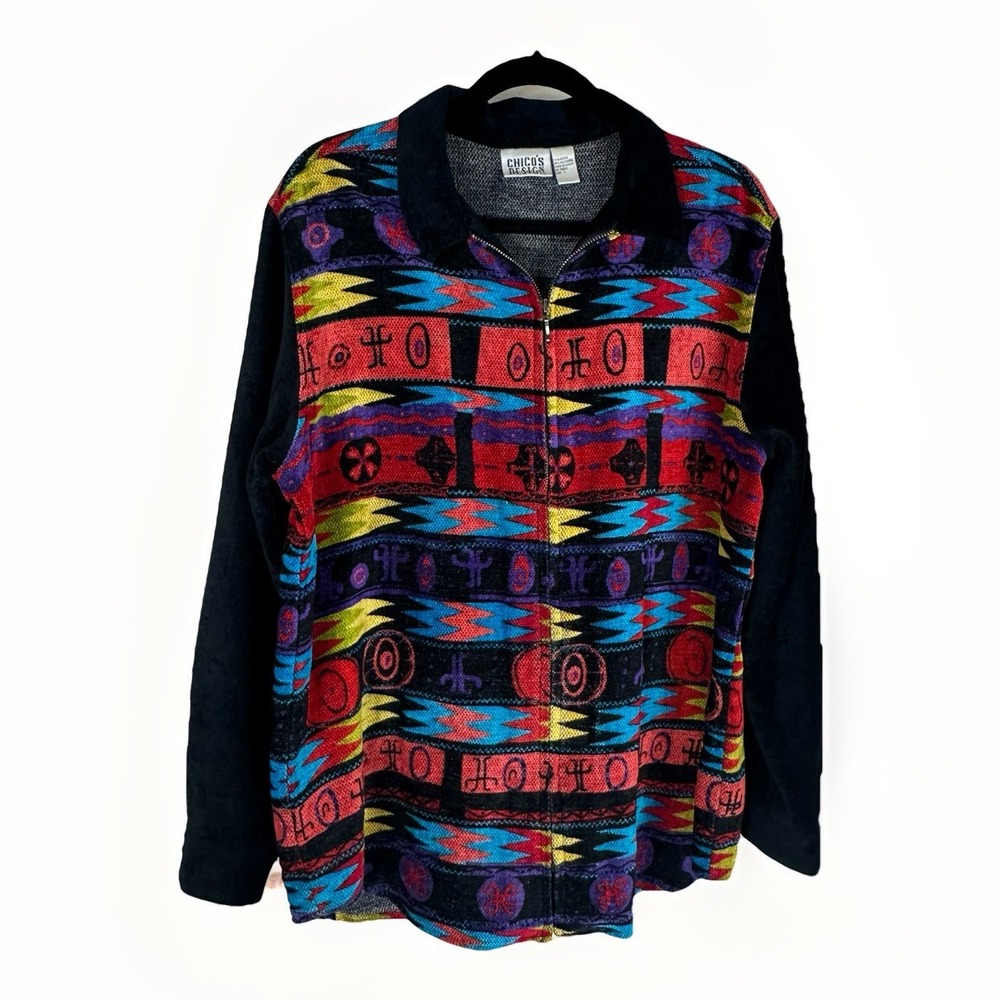 Chicos Design‎ Southwestern Tapestry Zip Up Jacket Black Multi Color Size 2 L